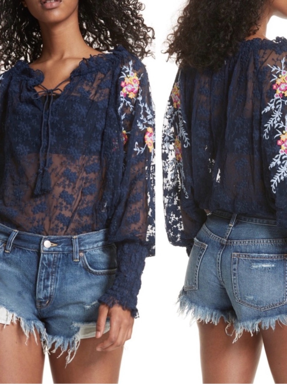 Free People Navy Sheer Lace Blouse with Floral Sleeve Embroidery NWT